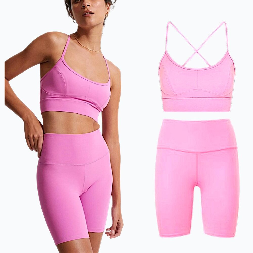 Anthropologie Varley workout set Irena bra & Let's move short in Super Pink M/S